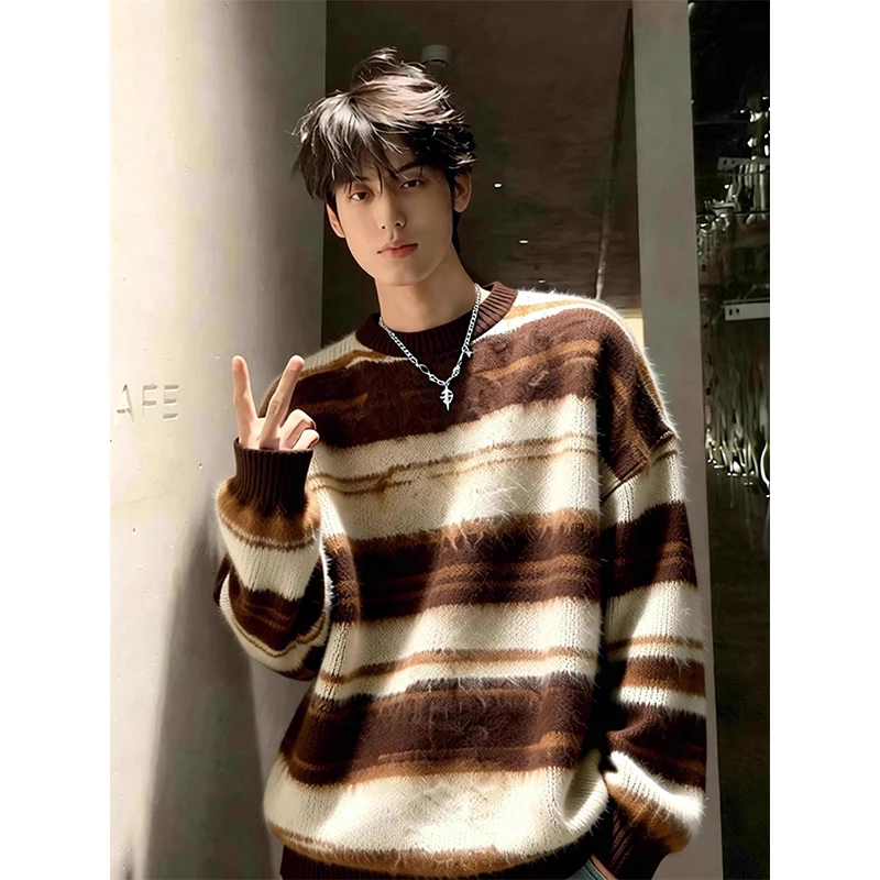 仿马海毛圆领毛衣男冬季韩系撞色条纹针织衫慵懒松弛感毛线衣外套