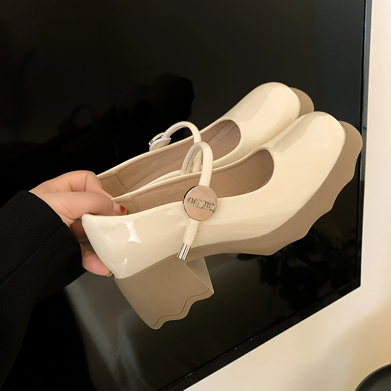 2025新款春夏季圆头一字带高跟玛丽珍女鞋爆款小皮鞋真皮厚底单鞋