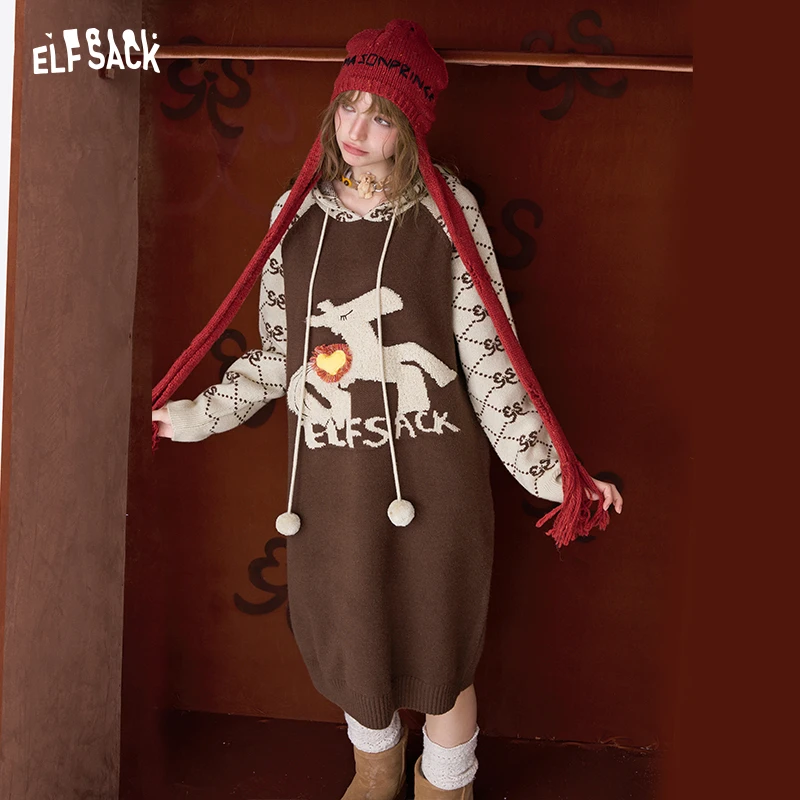 妖精的口袋复古老花小马提花针织连帽连衣裙女2025年冬季新款裙子