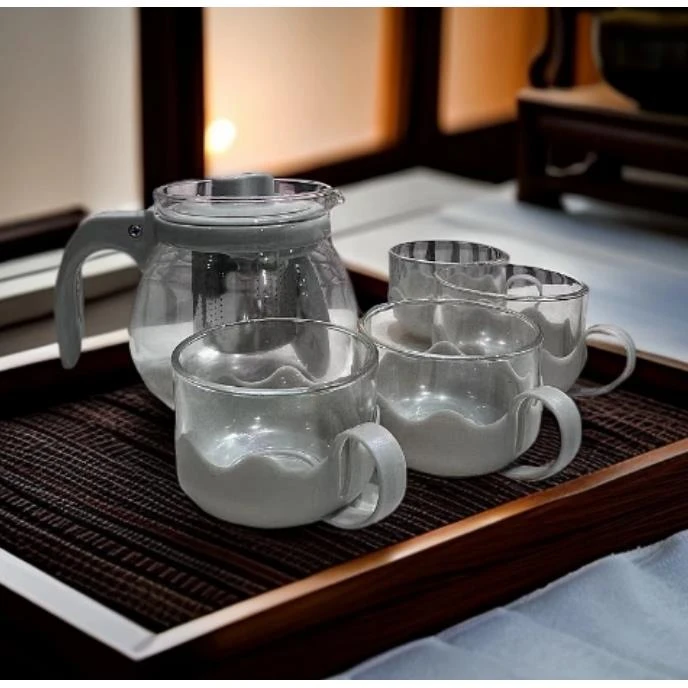 浅色一壶四杯套装耐高温玻璃花茶水壶带不锈钢滤网