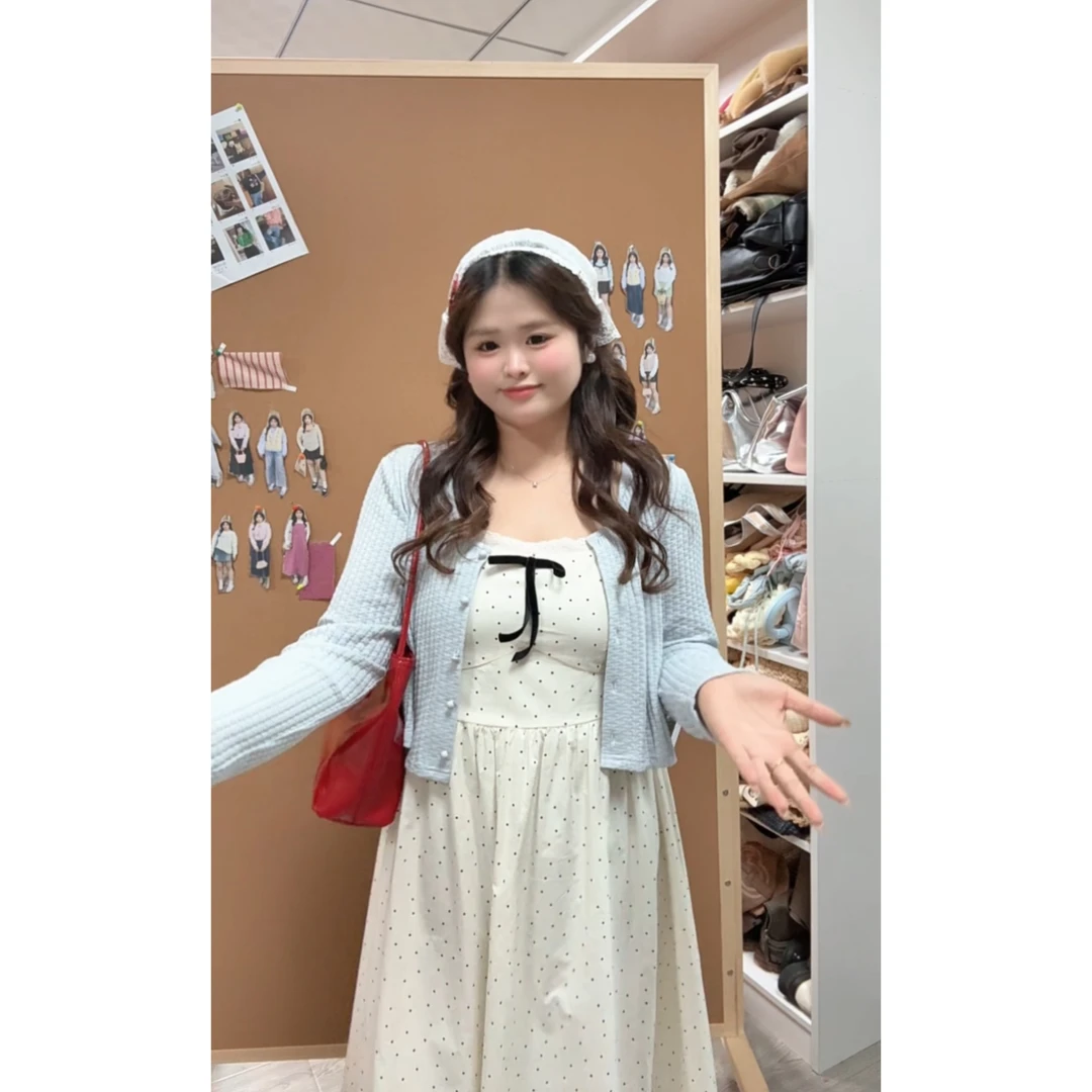 【小梨若雾】大头婷丫丫定制方领花边蝴蝶结波点吊带连衣裙长裙