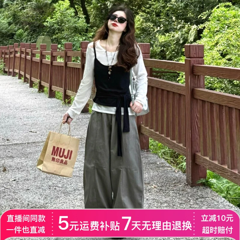 白色长袖t恤女2025新款秋季韩系穿搭绝美巨好看吊带上衣两件套装