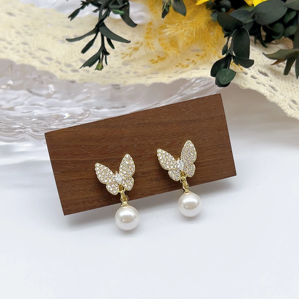 铜合金仿珍珠耳饰 耳夹 03238 好啊商店 水J蝴蝶耳夹-金色