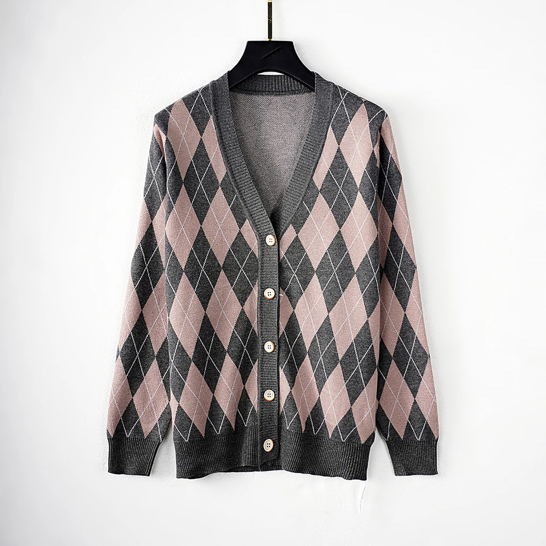 【春季新款】C8145灰色设计感菱形格时尚气质撞色百搭针织开衫