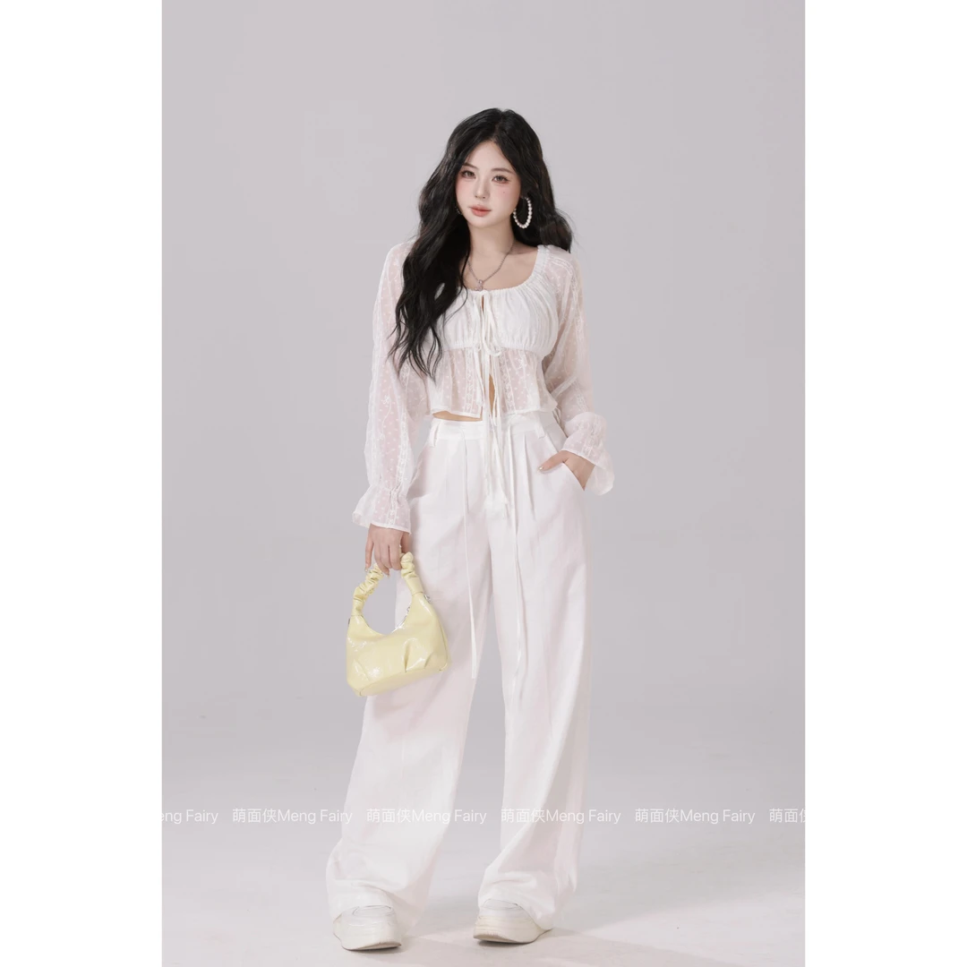 现货萌面侠【风起罗纱】纯欲蕾丝设计感短款长袖上衣5796M流光风