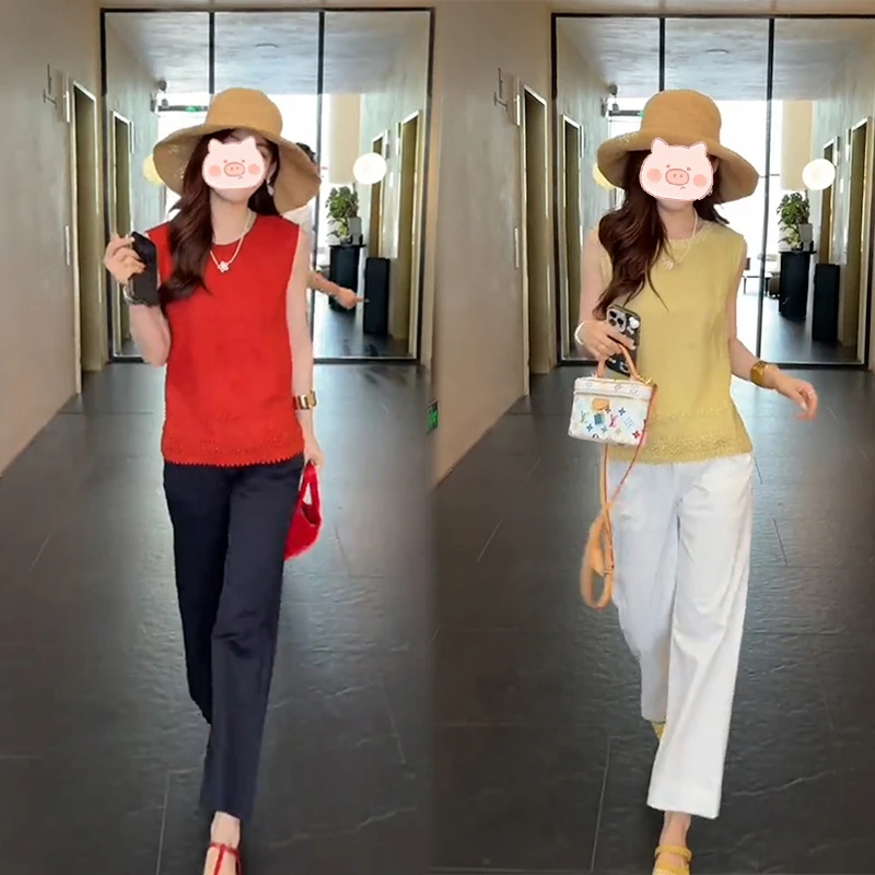 2025年夏季新款无袖纯色上衣短袖搭配宽松休闲直筒裤两件套装女