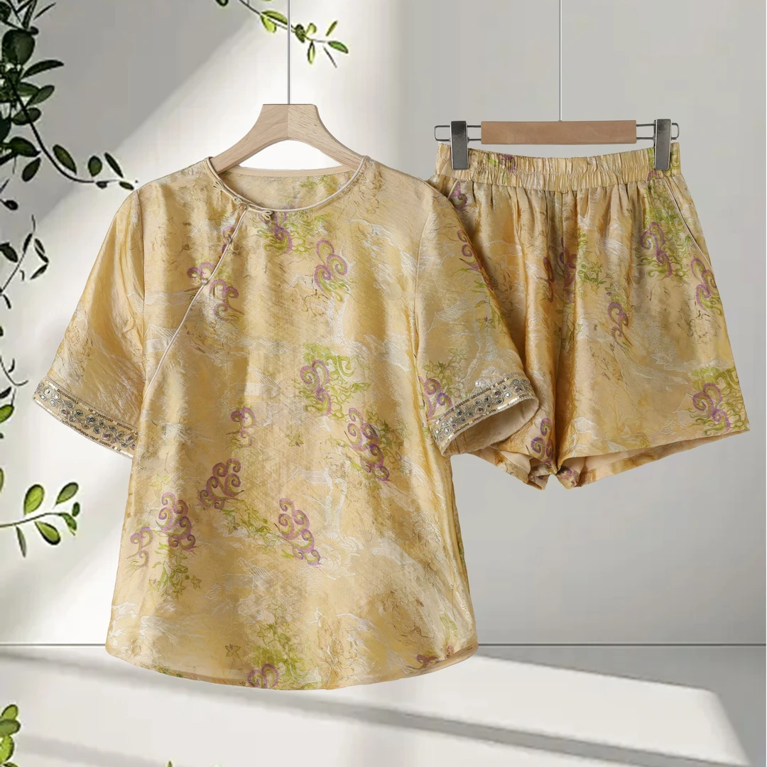 新中式国风轻薄透气显气质染印短袖小衫休闲套装-9857