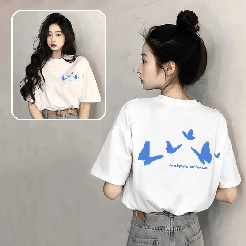 白色正肩短袖T恤女2025夏季新款欧货大版纯棉宽松中长款上衣ins潮