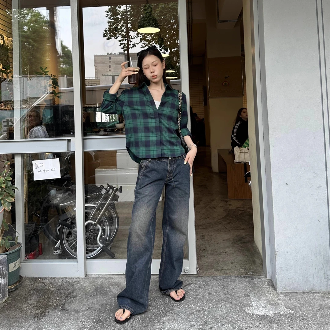 D YANGJUN 秋季女装2024新款秋冬穿搭高级感复古短款格子衬衫上衣