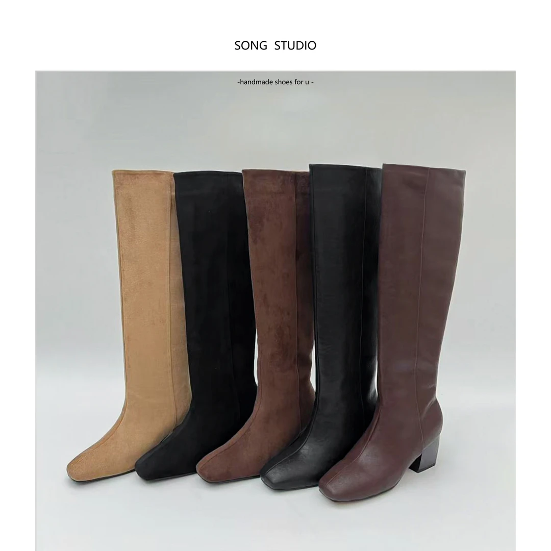（新）跟高6cm/34-40/冬季新款时尚粗跟直筒复古气质显高显瘦长筒靴
