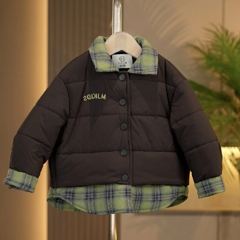 幂姐童装 儿童外套2025秋冬季新款时尚格子衬衫领拼棉服加厚上衣