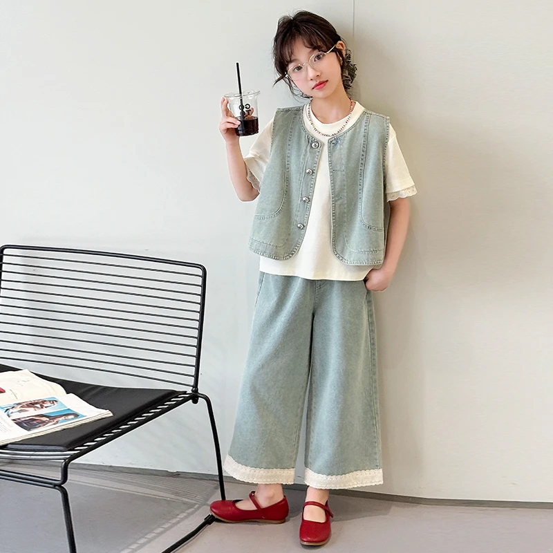 女童套装儿童洋气百搭时尚牛仔马甲三件套童装2025夏季女孩韩版