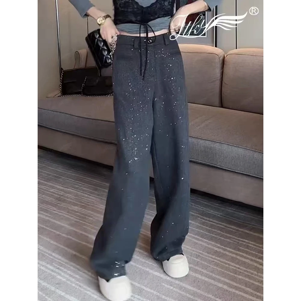 1662款-亮片阔腿裤女秋冬高腰设计感西裤直筒休闲拖地裤