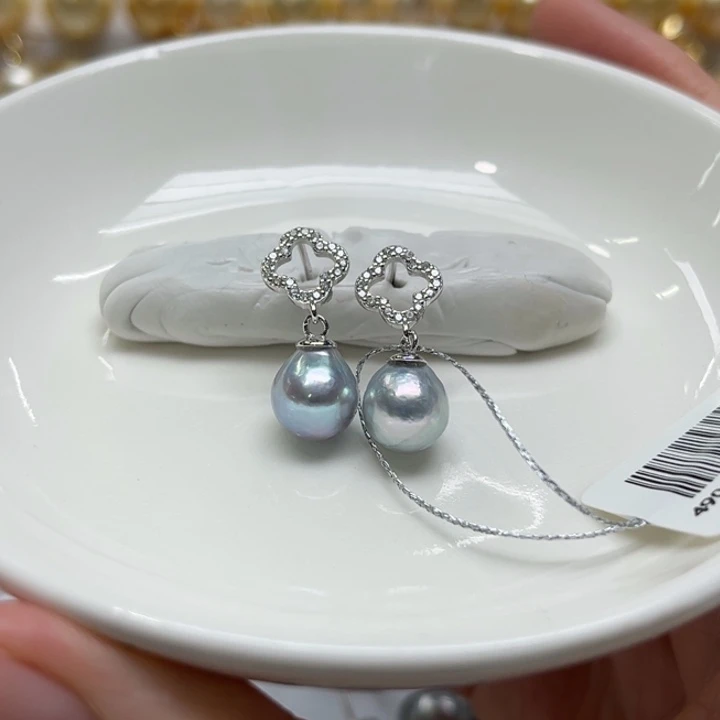 银S925镶嵌耳饰海水珍珠真多麻8-9mm 45号