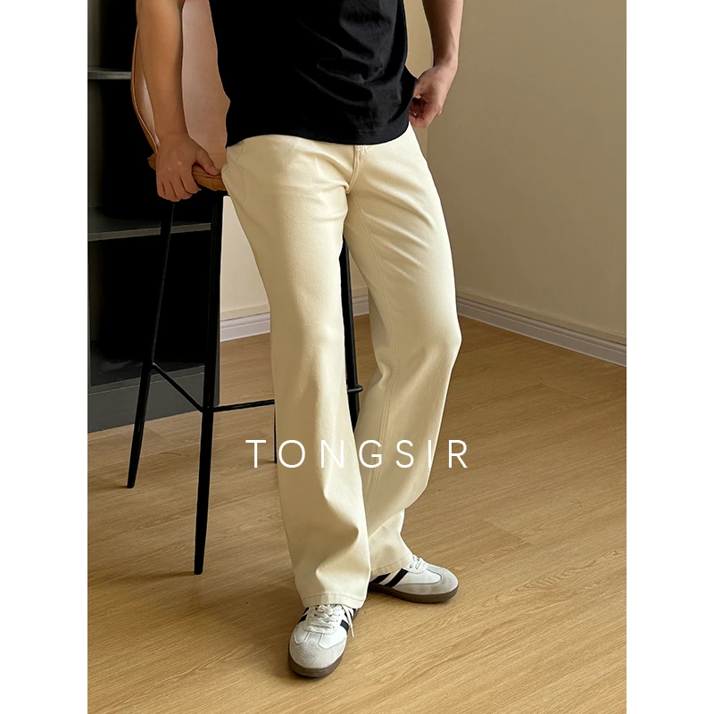 TONGSIR 早秋米白色高级感宽松直筒牛仔裤男长裤显腿长弹力休闲裤