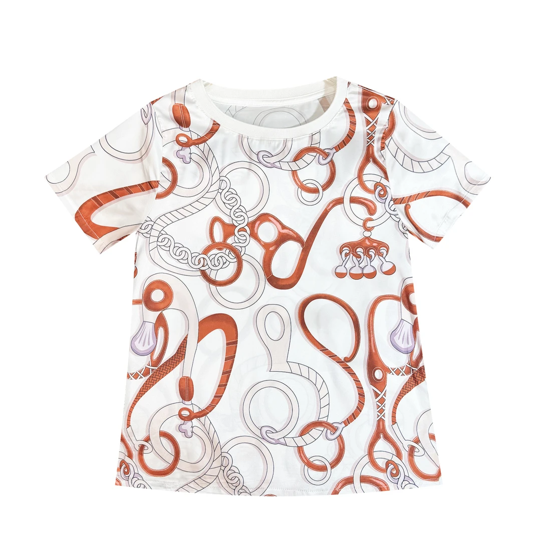 琥珀流光‘’皮带环链“ 桑蚕丝上衣大牌H丝巾印花轻奢短袖T恤女大码