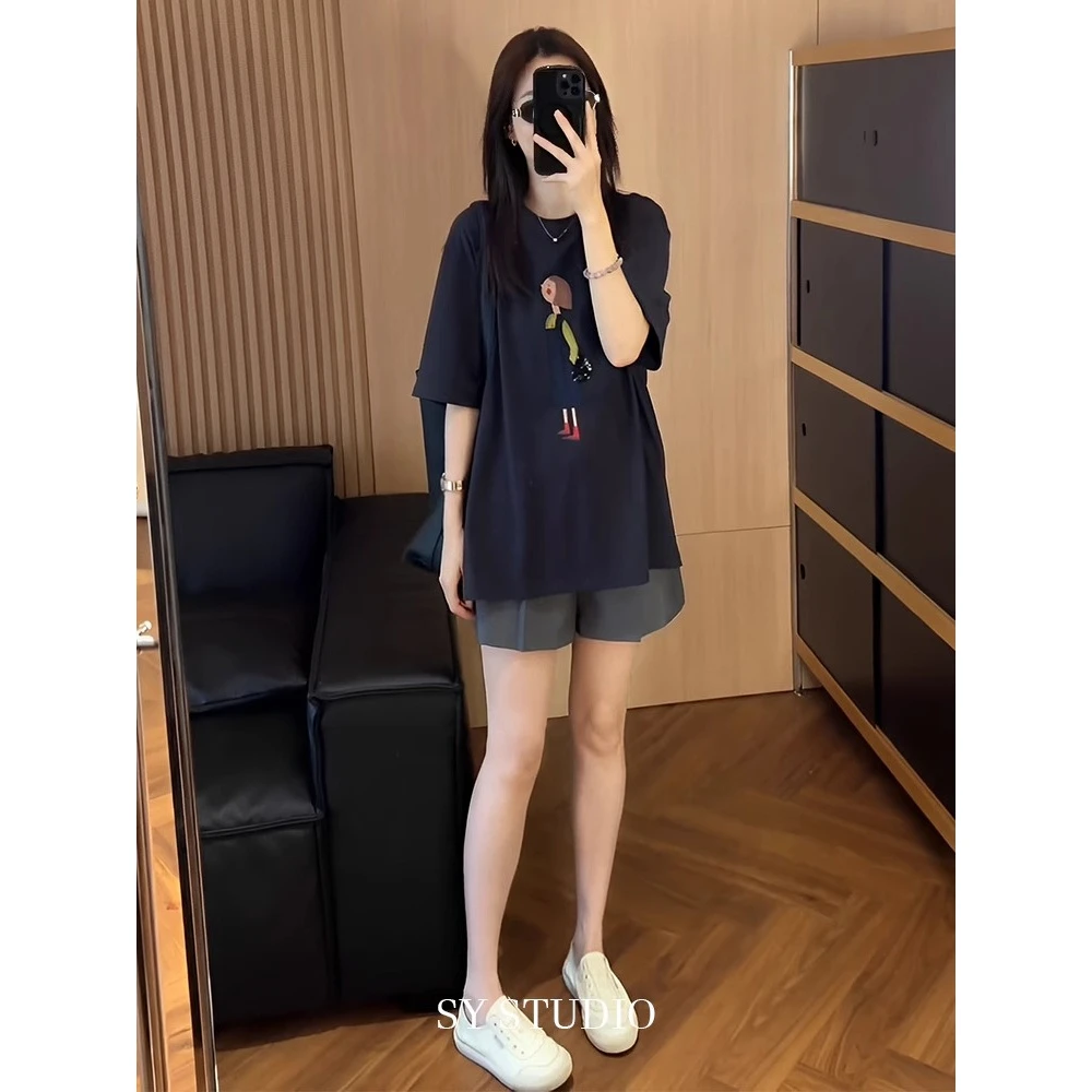 2025超火两件套夏装卡通女孩印花短袖T恤高腰休闲短裤洋气两件套