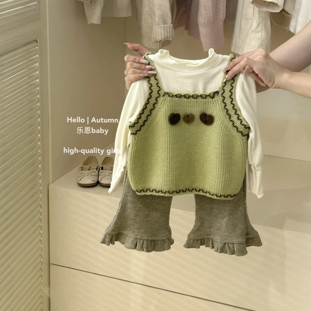 现秋冬【乐恩童装】女童新款爱心吊带马甲抹茶绿色花边裤宝宝春洋气