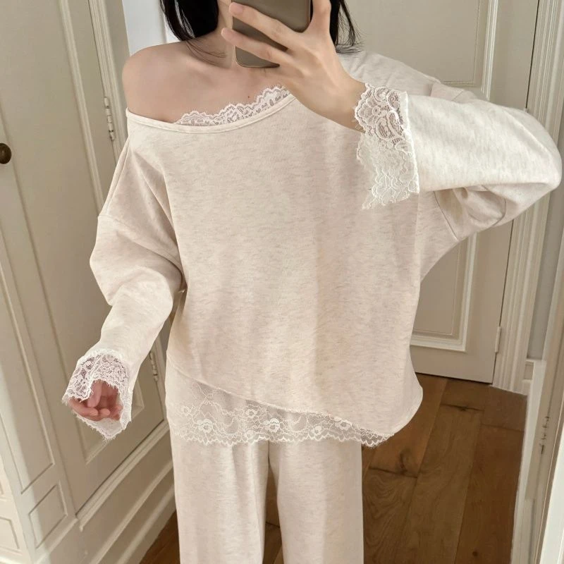 【优雅女士】露肩睡衣女款秋冬加厚保暖甜美韩版蕾丝性感家居服套装