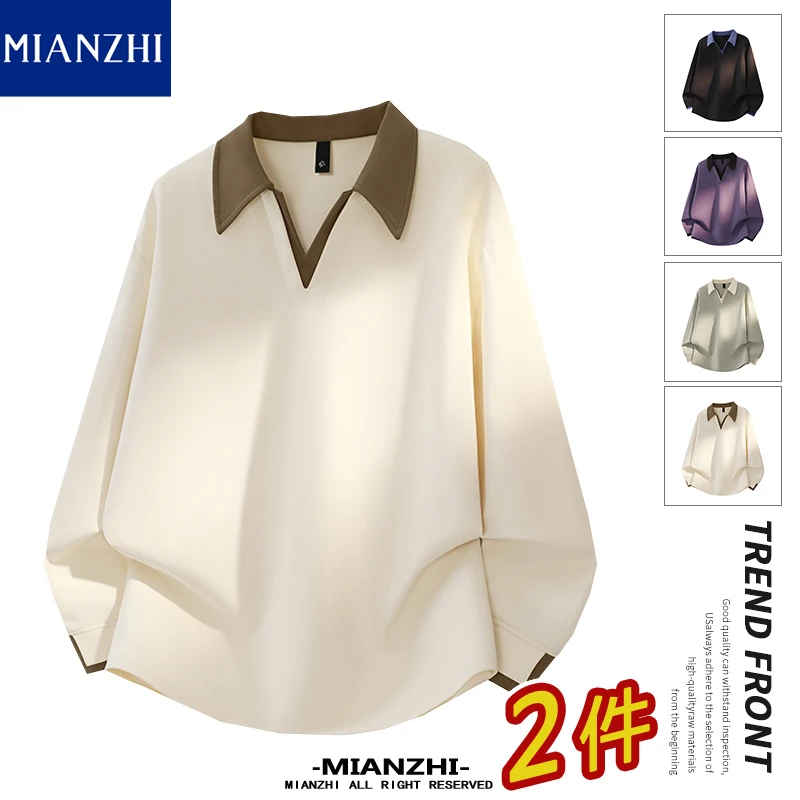 棉致春秋季撞色长袖V领T恤男女大码POLO领卫衣假两件装情侣款衣服