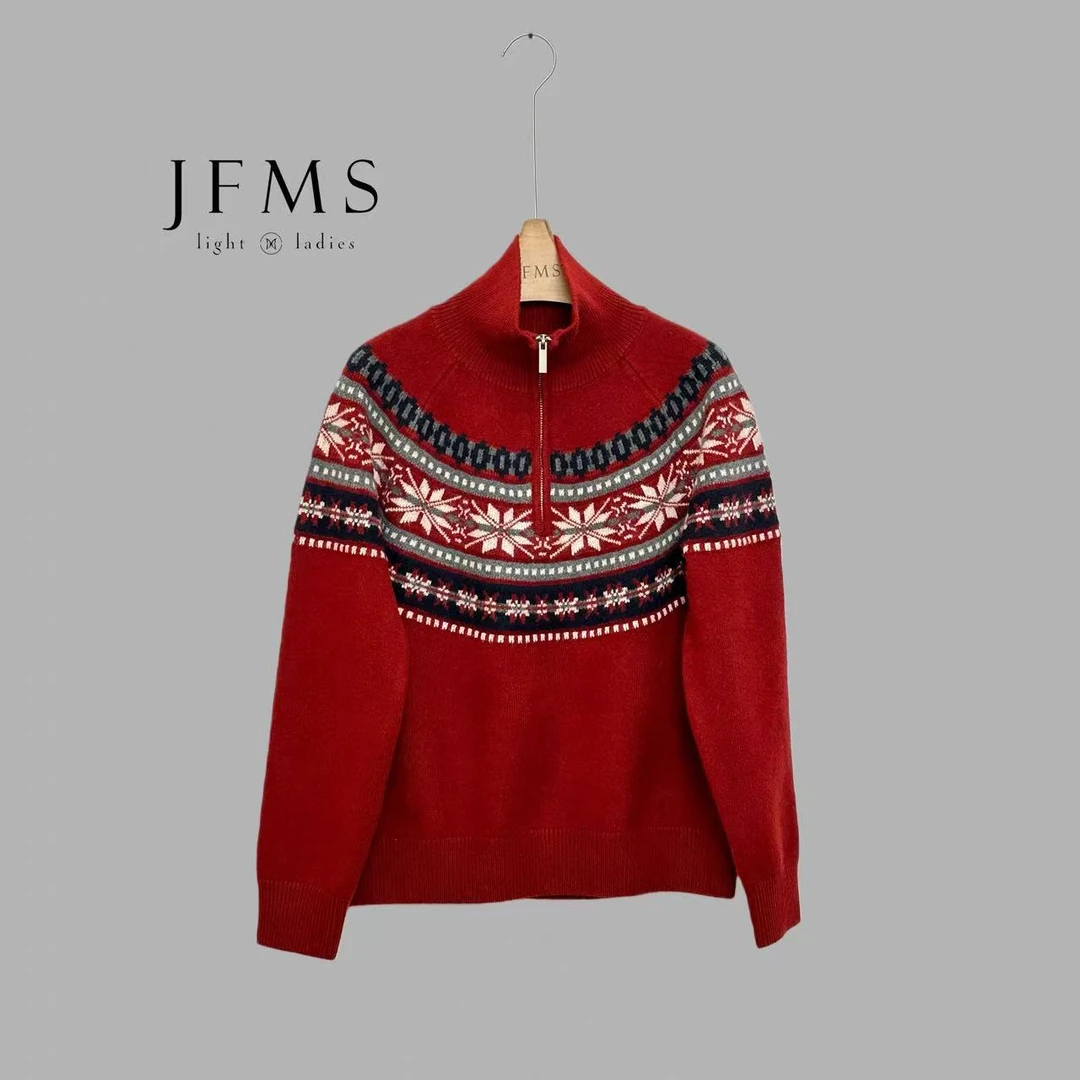 JFMS费尔岛半拉链印花毛衣针织衫女2025款春秋内搭打底上衣M327