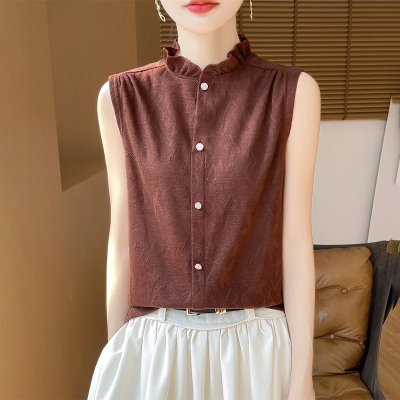 新款中国风花边领无袖打底开衫女复古气质御姐大码修身洋气针织