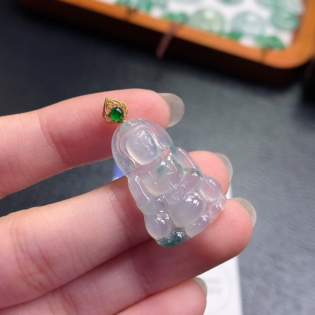 翡翠裸石18K金镶嵌缅甸天然A货翡翠冰种观音