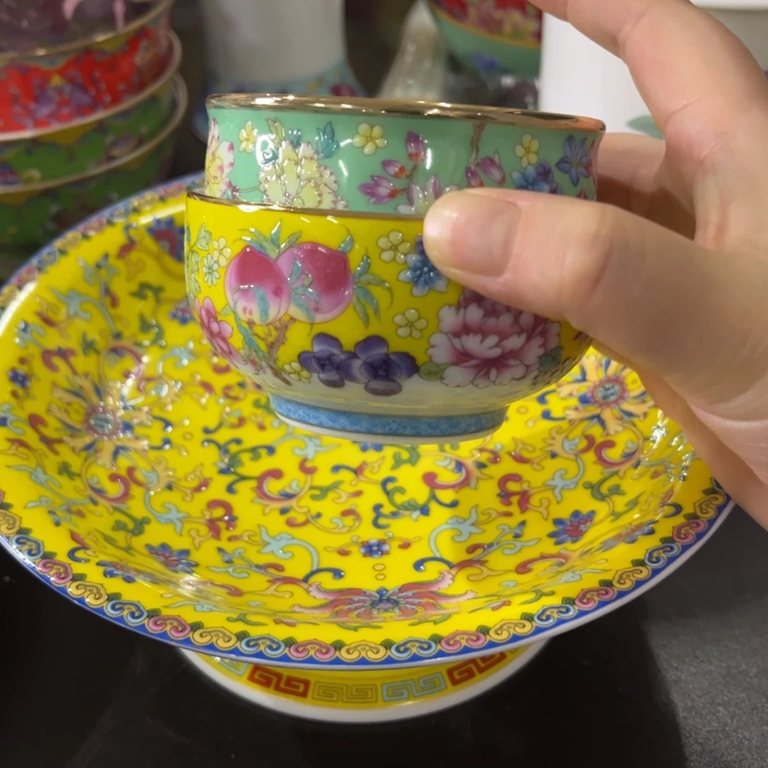 瓷片微瑕主人杯2个珐琅彩万花666