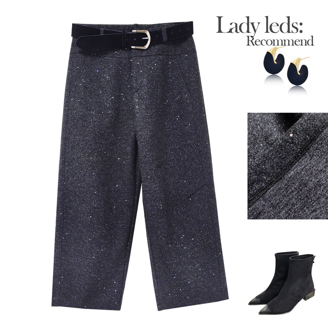 LEDS 75922冬季新款百搭气质银色星河腰带款高腰哈伦裤