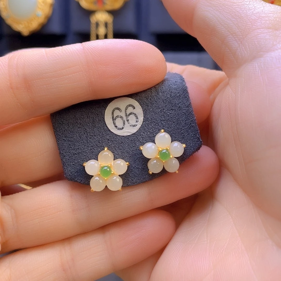 和田玉耳饰银S925镀金镶嵌