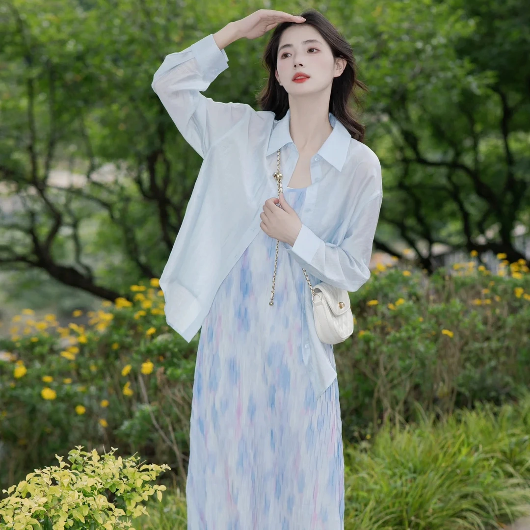 法式气质长袖衬衫女2025年夏季新款设计感两件套独特别致吊带裙