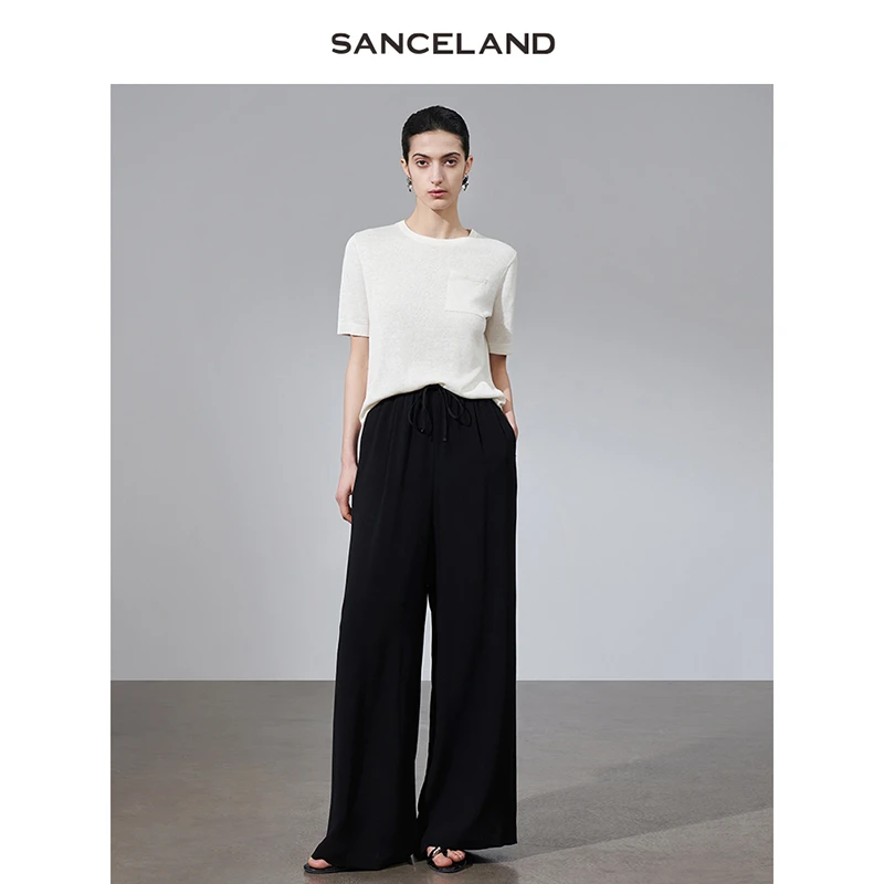 SANCELAND三石一澜夏新款丝麻白色宽松薄套头针织衫女SJ21401052