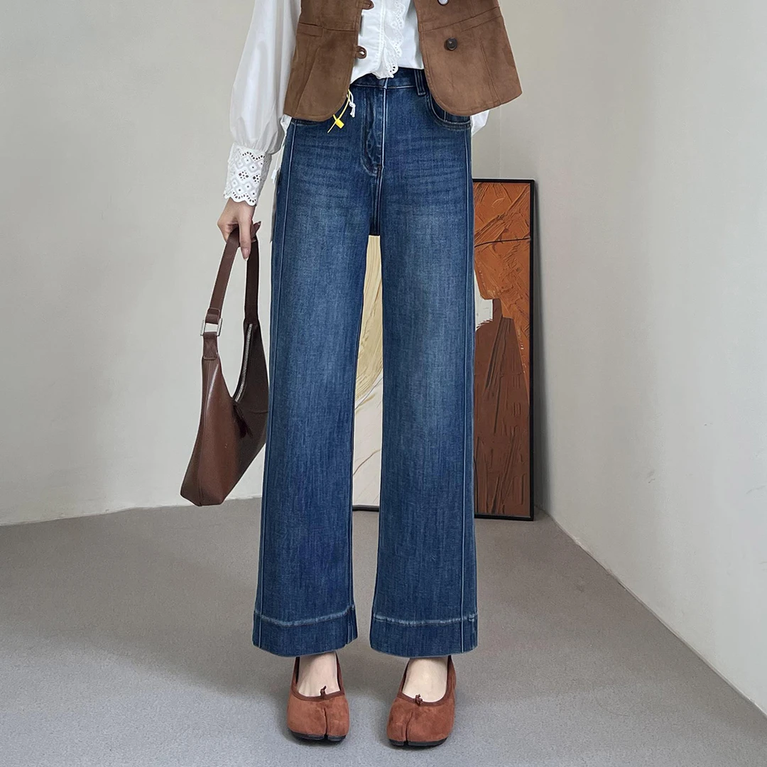 复古蓝窄版直筒牛仔裤女大码胖mm不挑身材高腰宽松显瘦弹力烟管裤