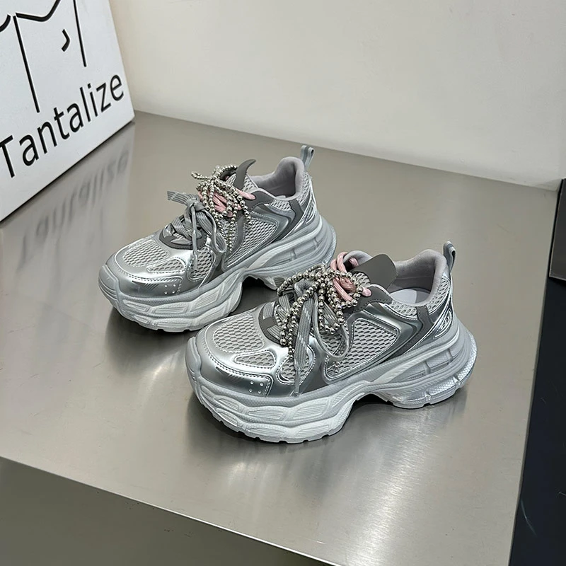 ins风百搭珍珠网红厚底老爹鞋女2025春小个子增高轻便休闲运动鞋