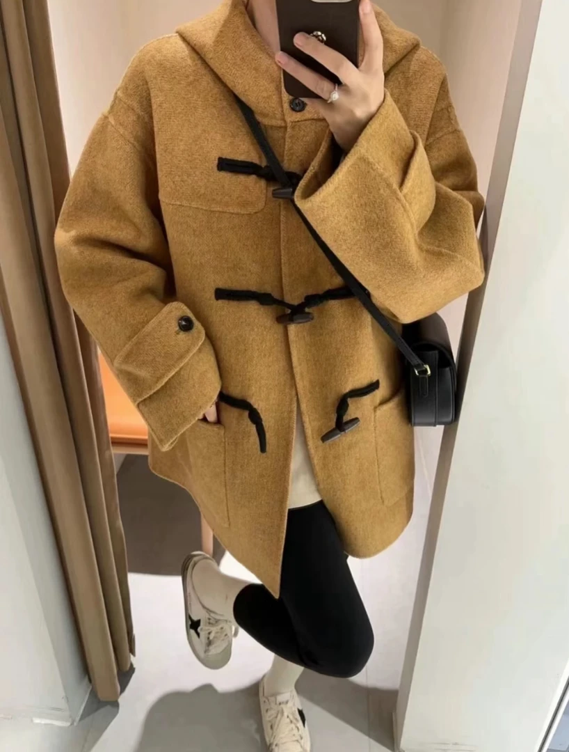 中长款显瘦连帽宽松加绒加厚款短款毛呢外套