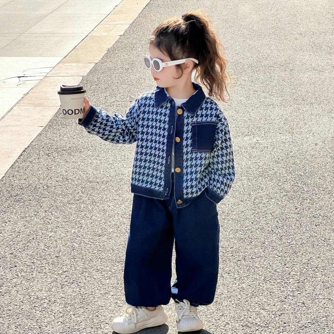 儿童牛仔套装2025春秋新款女童时髦千鸟格外套洋气宝宝韩版两件套