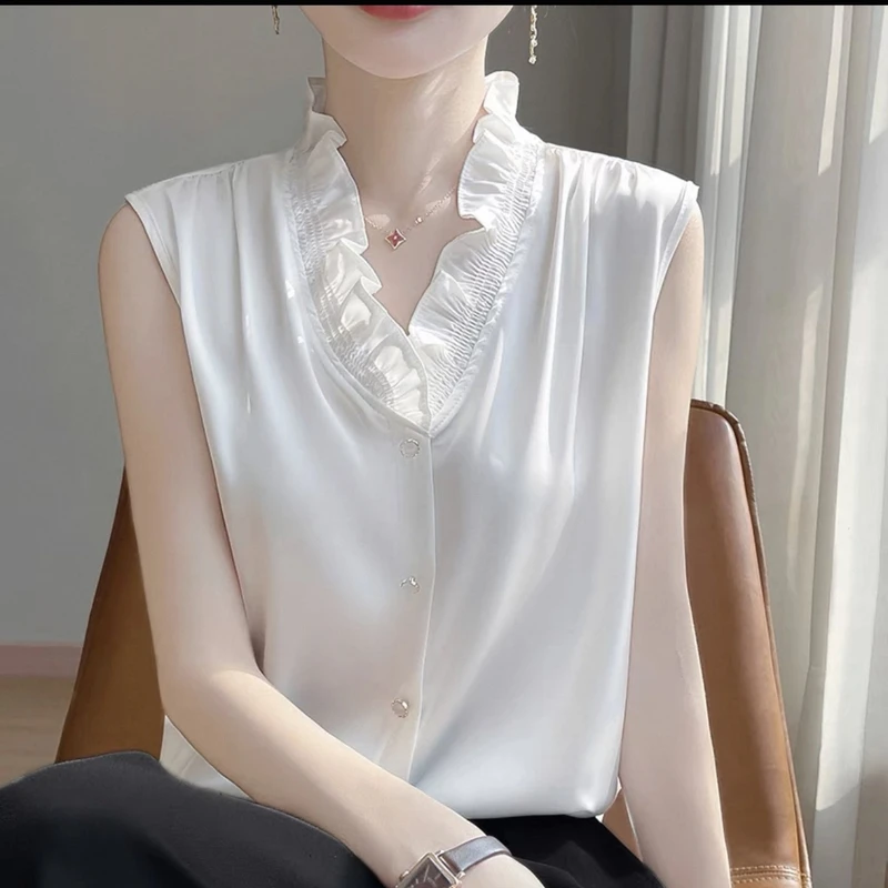 法式V领木耳花边丝滑缎面无袖背心气质内搭女叠穿百搭打底夏季