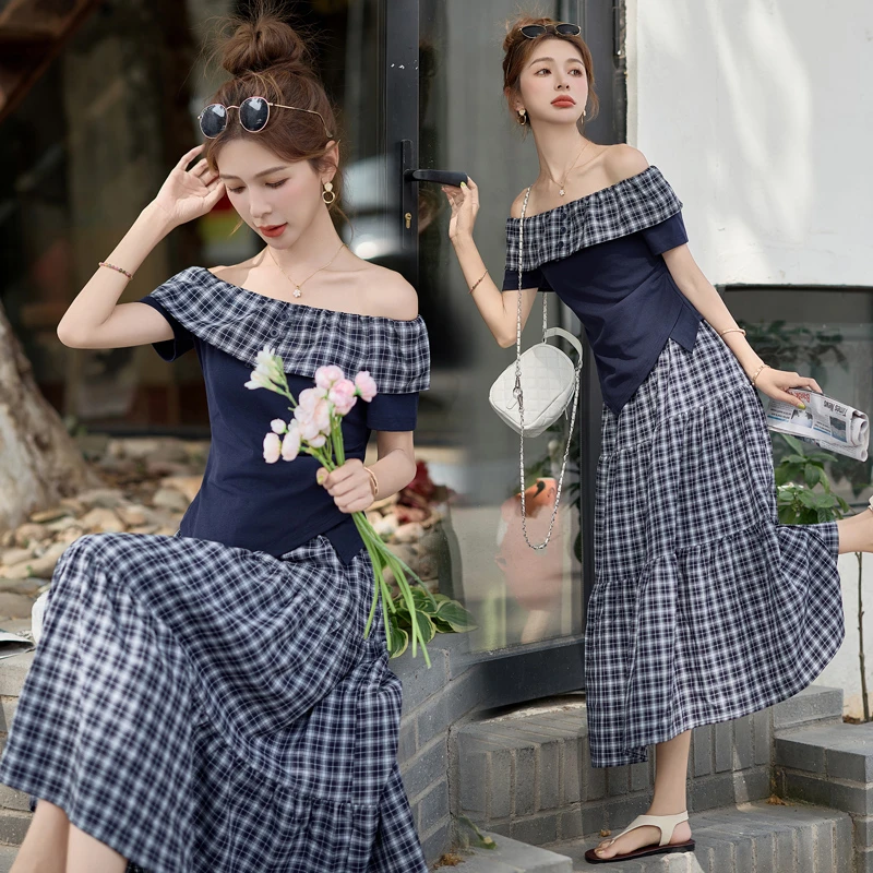 夏季时尚设计感气质显瘦修身高腰落肩蓝白格纹拼接半身裙两件套女
