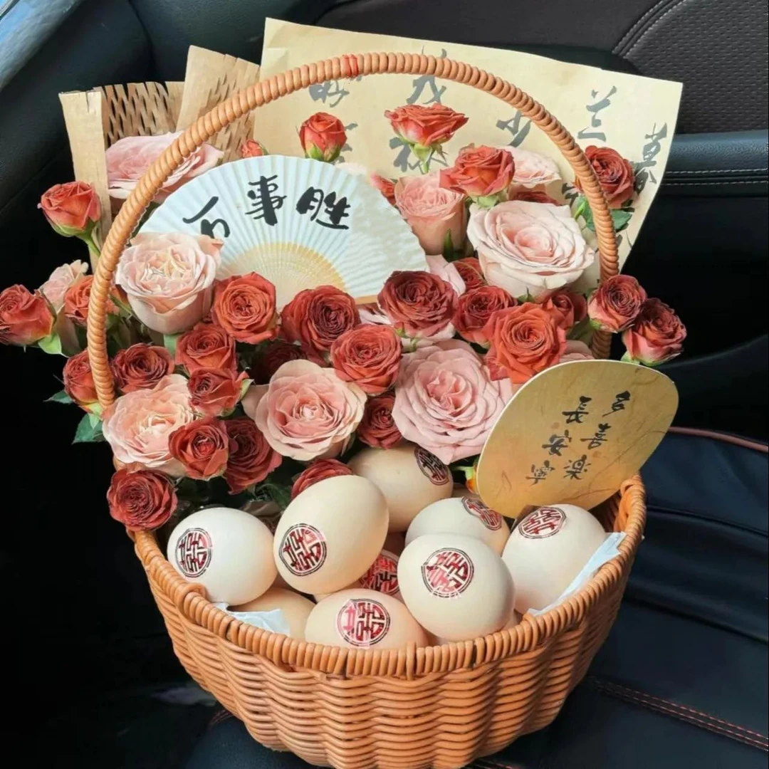 花店/鲜花10朵卡布奇诺玫瑰月子鸡蛋花篮——送闺蜜月子鸡蛋花篮喜提一子10颗鸡蛋