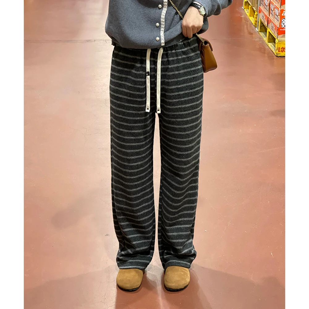 WenWen小个子韩版时尚加绒磨毛条纹裤时尚百搭高腰裤外穿休闲2433