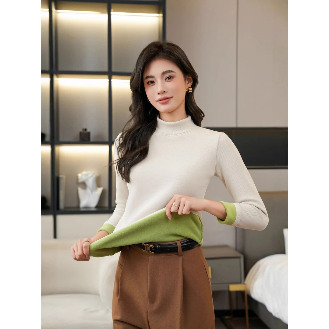 AR-1加绒加厚打底衫秋冬季女士半中高领保暖厚上衣修身百搭外穿