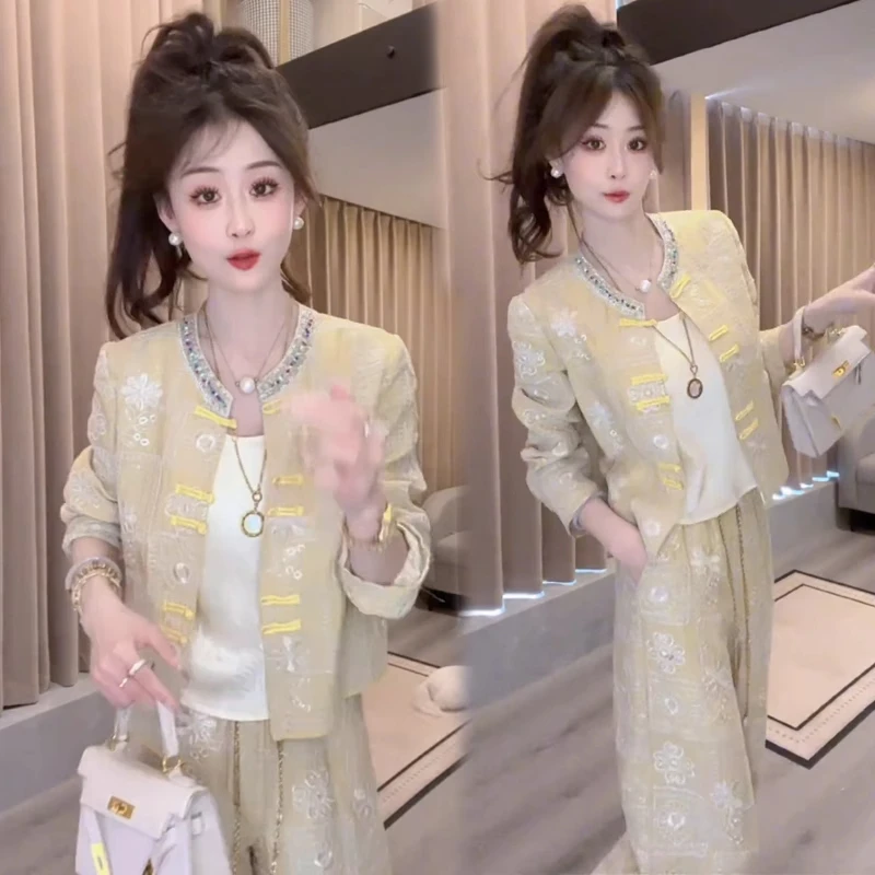 时尚洋气质套装2025春秋新款女装国风减龄短上衣显瘦阔腿裤两件套