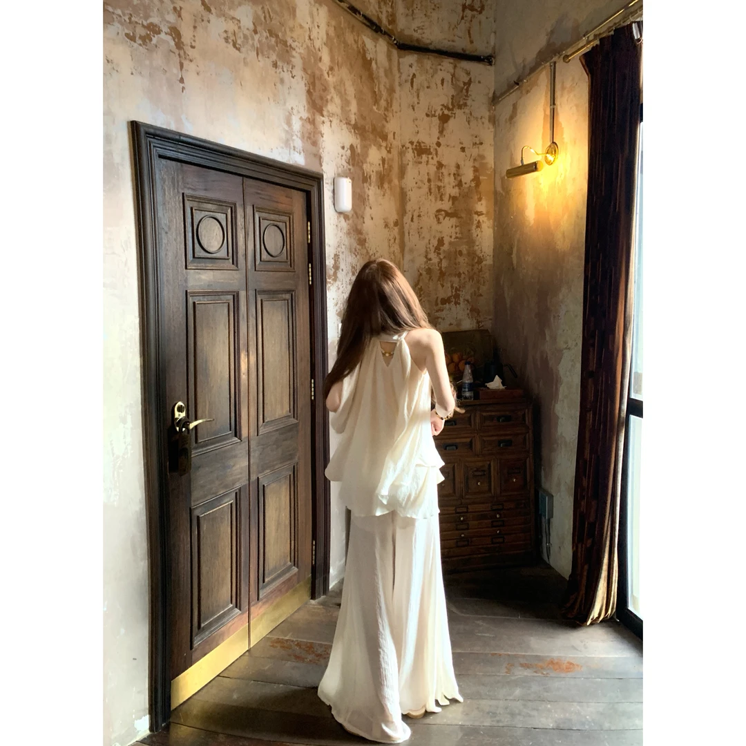 夏季禅意挂脖宽松上衣+舒适透气长裤两件套休闲慵懒松弛感套装女