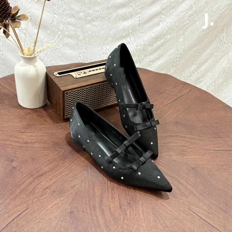 内增高5cm尖头波点通勤水钻蝴蝶结2025春新款气质名媛欧若风