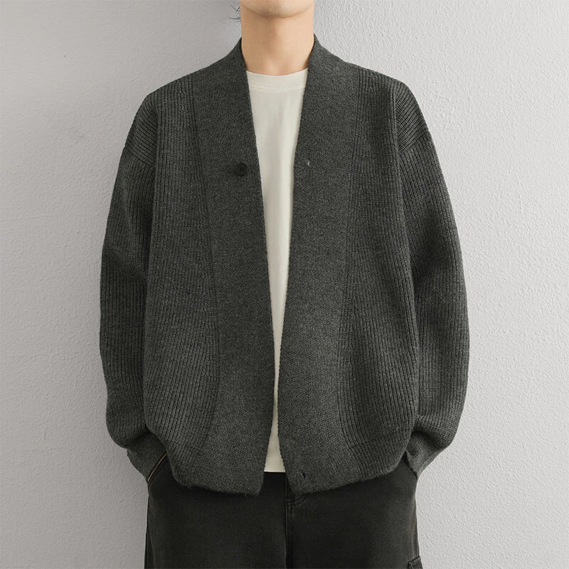 春秋季开衫针织衫男装型宽松针织道袍式外穿男士毛衣复古纯色百搭