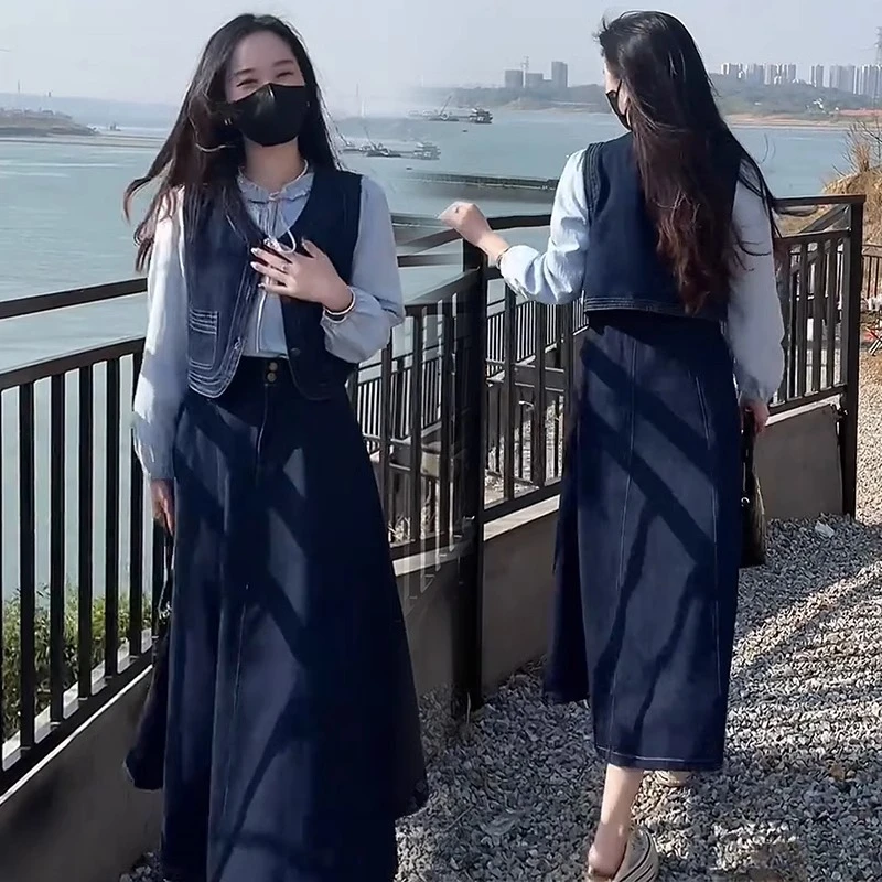 时尚套装裙女2025春季新款洋气显瘦休闲牛仔马甲衬衫半身裙三件套