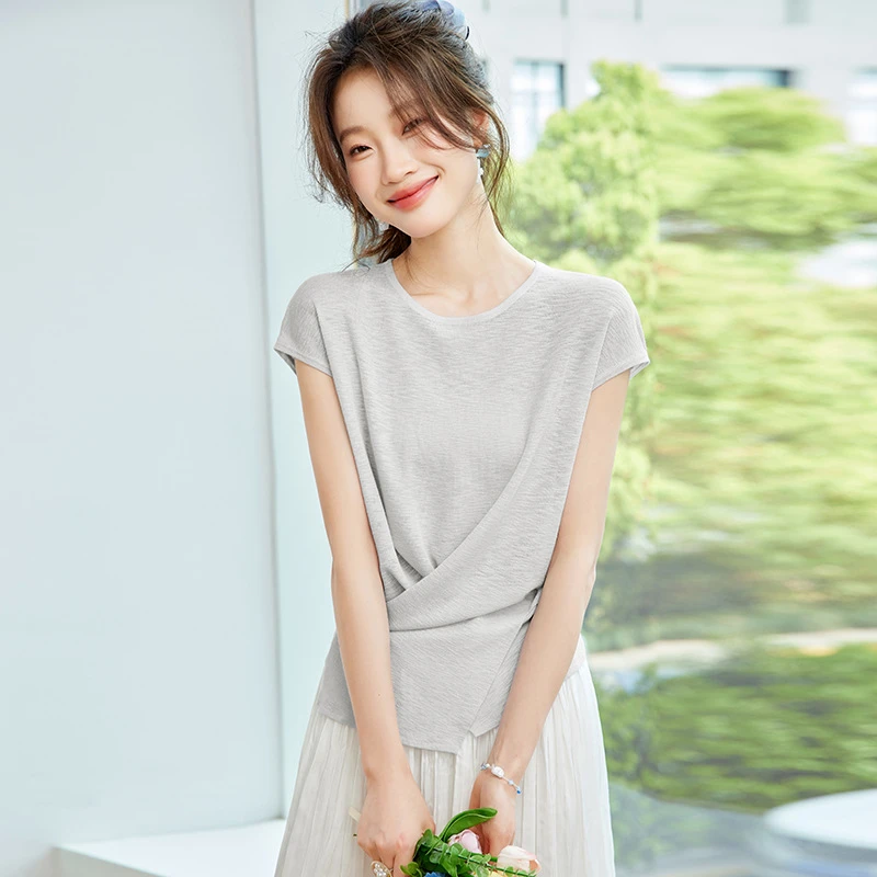 短袖t恤女夏季2025新款修身交叉薄款针织衫别致上衣收腰小衫