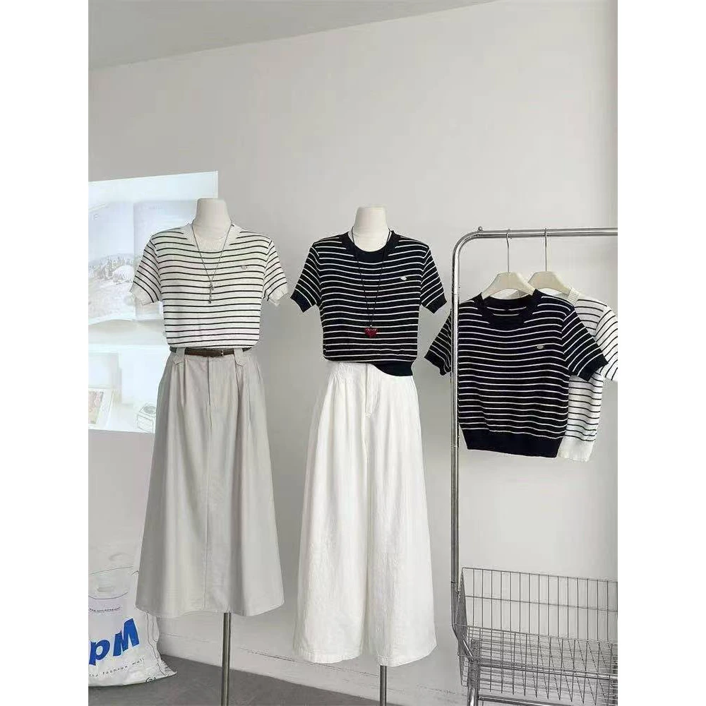 短袖黑白条纹极简风韩版针织衫老钱风显瘦短款T恤休闲风洋气长款