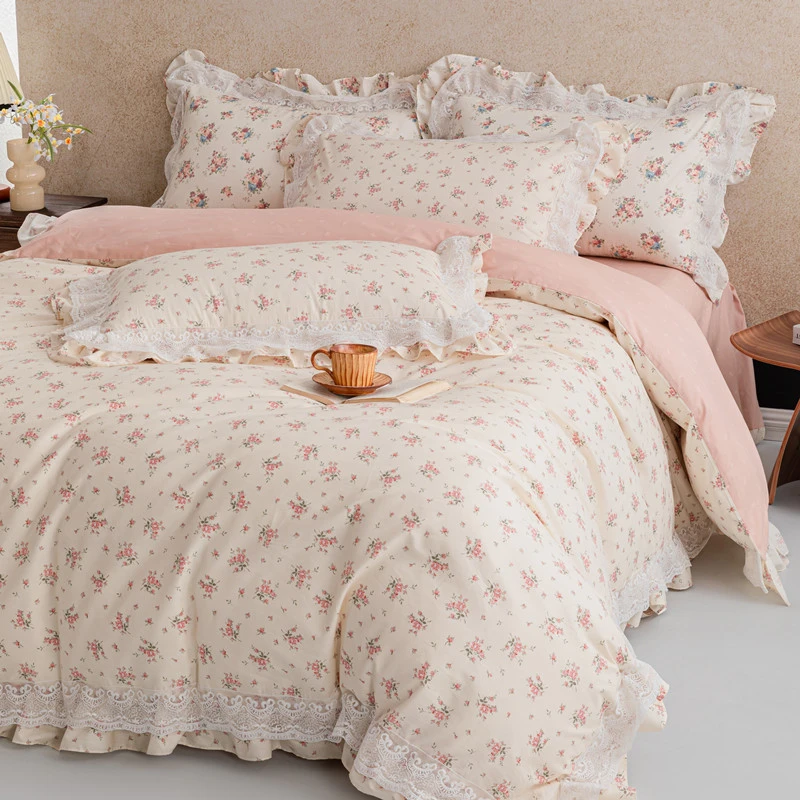 百分百纯棉全棉法式花边四件套床单被套三件套双人床上用品小清新
