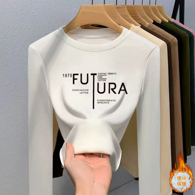 双面德绒正肩磨毛长袖T恤女时尚百搭白色圆领上衣加厚保暖打底衫